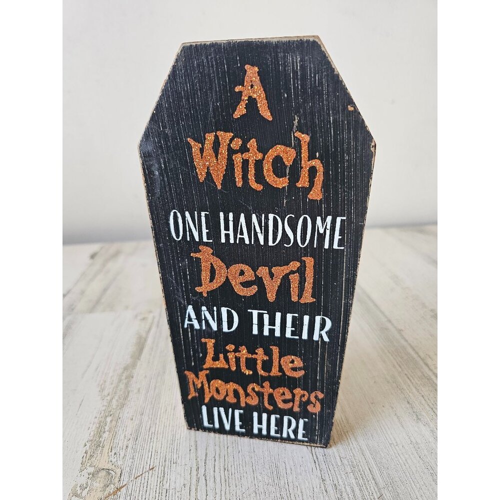 Wooden coffin witch devil Halloween decor little monsters welcome sign orange gl